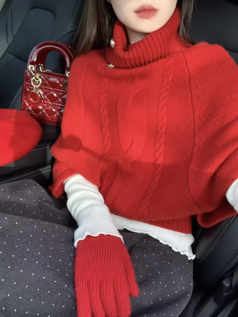 2026秋冬新款韩系气质圣诞新年氛围感高领毛衣气质百褶波点裙套装