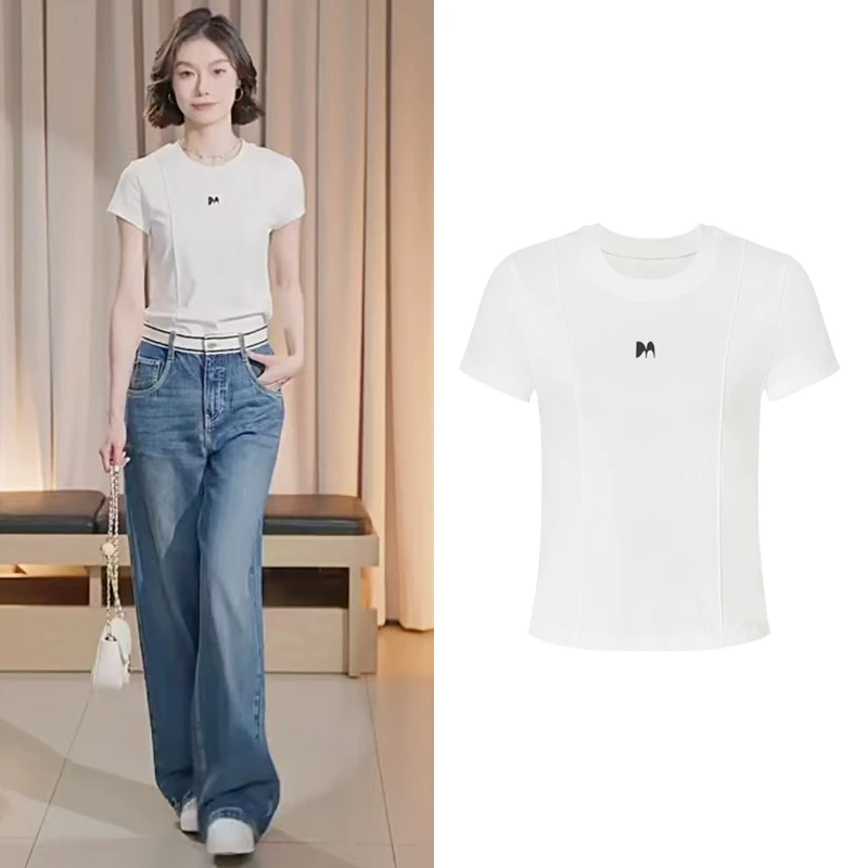 4091【M】2025春新品收腰短款正肩弹力棉T恤辣妹风休闲时尚百搭T恤