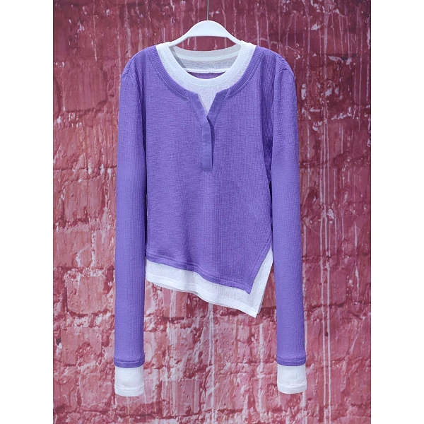 【韩哥女装】夏季小众设计师藤萝紫撞色拼接你规则下摆爽肤衣8639