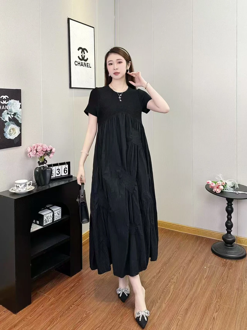 8881三宅真仿丝与棉合并长款夏季洋气气质绿色时尚连衣裙