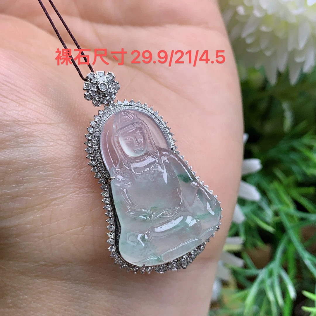 缅甸天然翡翠a货18k一高冰起光飘花观音吊坠娇尺寸42.2/24.5/9.2