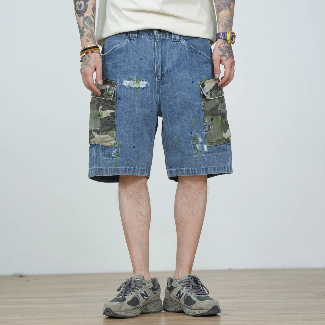 25SS日系重磅撞色破洞工装短裤夏季复古宽松百搭五分裤港风中裤