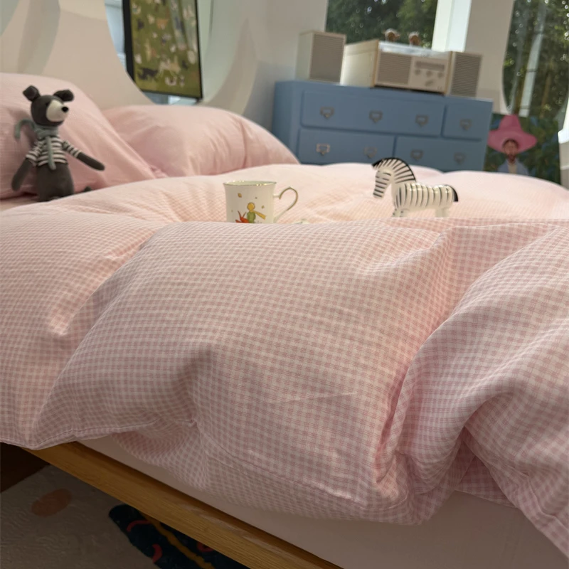 易安阁ins简约少女心粉小格双层纱少女心纯棉四件套1.5m1.8三件套