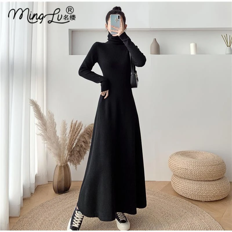 秋冬超长款针织洋装女新款收腰显瘦打底内搭毛衣裙过膝A字长裙