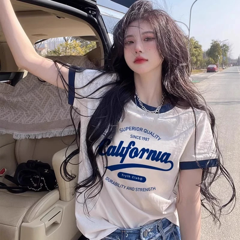 潮牌撞色宽松短袖t恤女夏季款欧货印花体恤半袖学生上衣