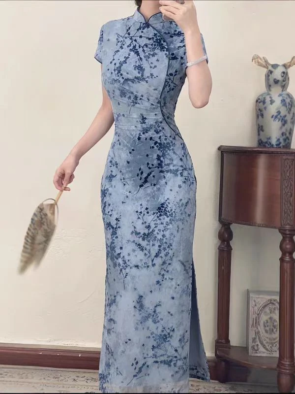 梅花新中式复古改良旗袍女夏季旗袍领收腰连衣裙