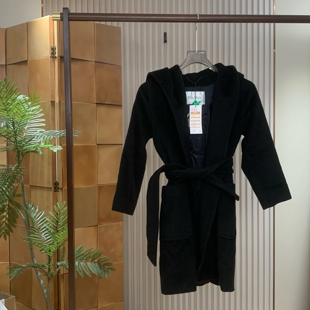 Max Mara黑色羊绒呢系腰带连帽大衣/32码/99新/女18506