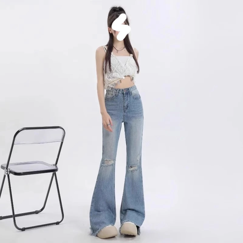 破洞微喇牛仔裤女夏季2025新款微胖高腰显瘦复古毛边喇叭裤子