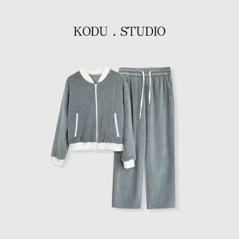 S【刻度KODU】WX-5023丝绒学院风棒球服外套+直筒阔腿休闲裤套装