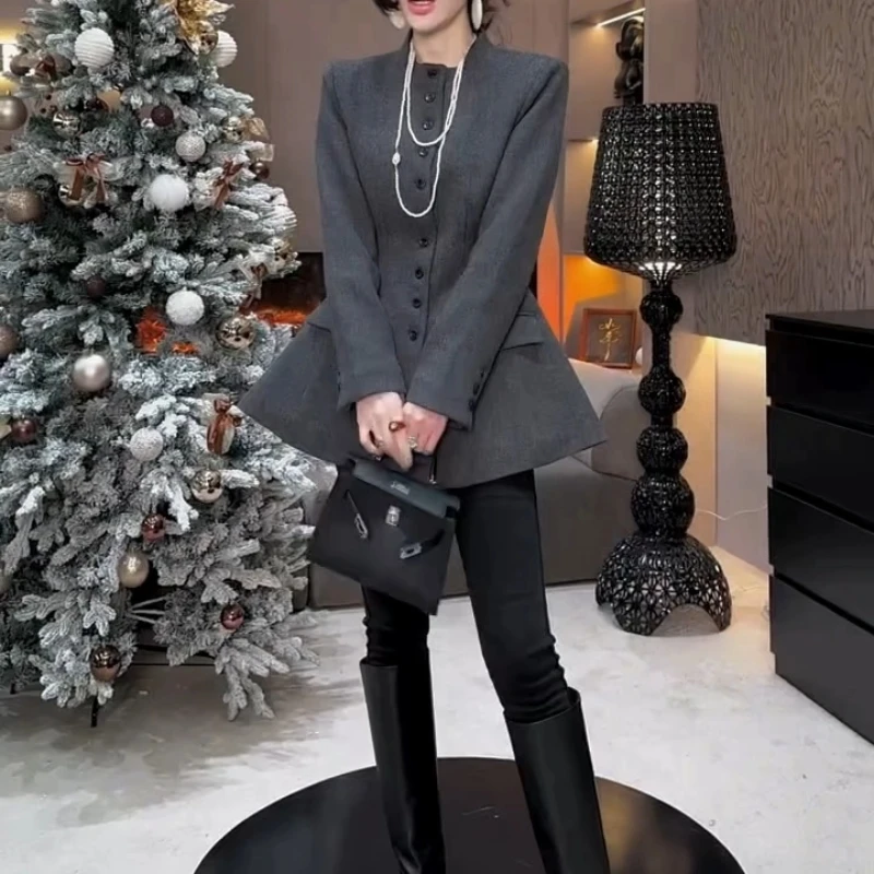 网红气质圆领收腰显瘦沙漏腰毛呢外套修身显瘦高品质厚黑美学上衣