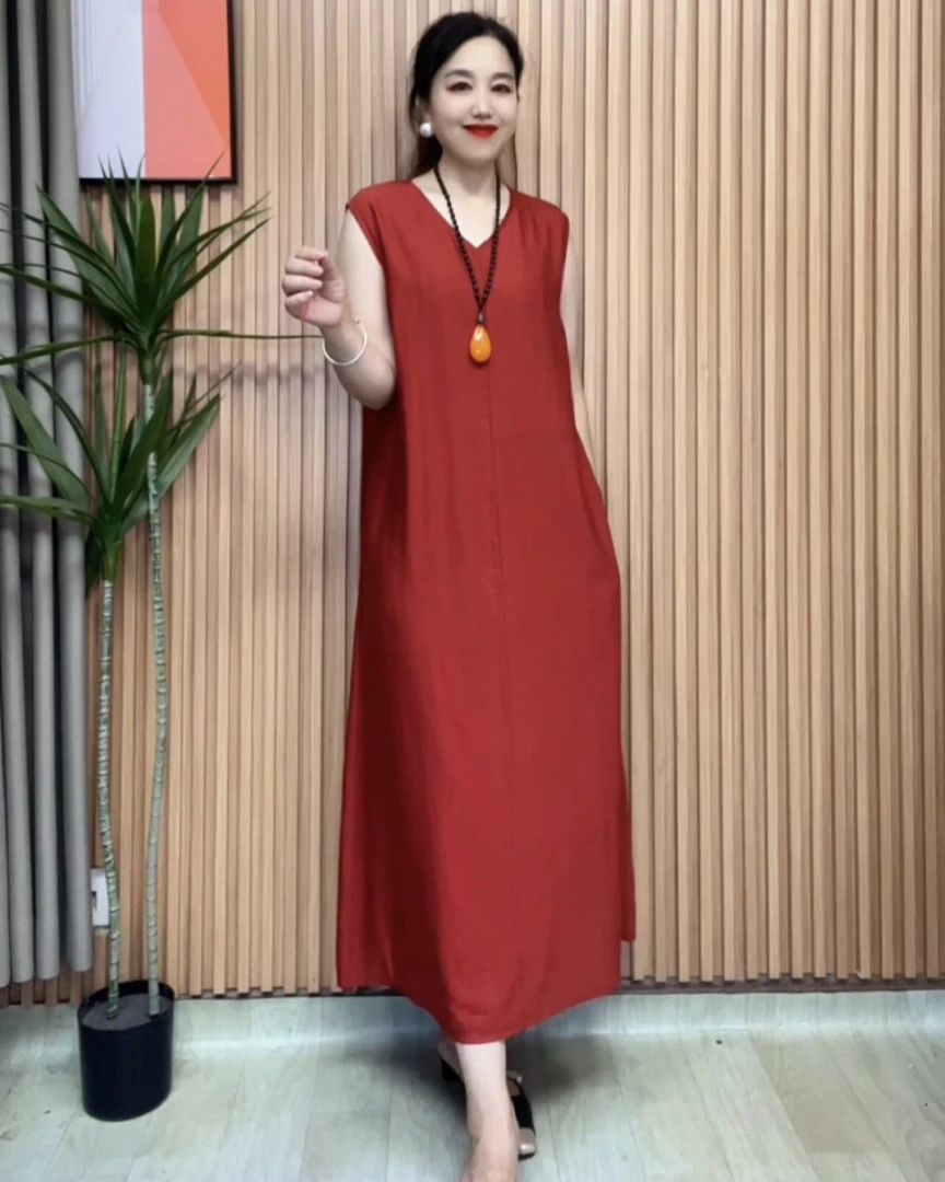 V领长款连衣裙夏季纯色冰丝麻时尚无袖裙宽松气质大码百搭连衣裙