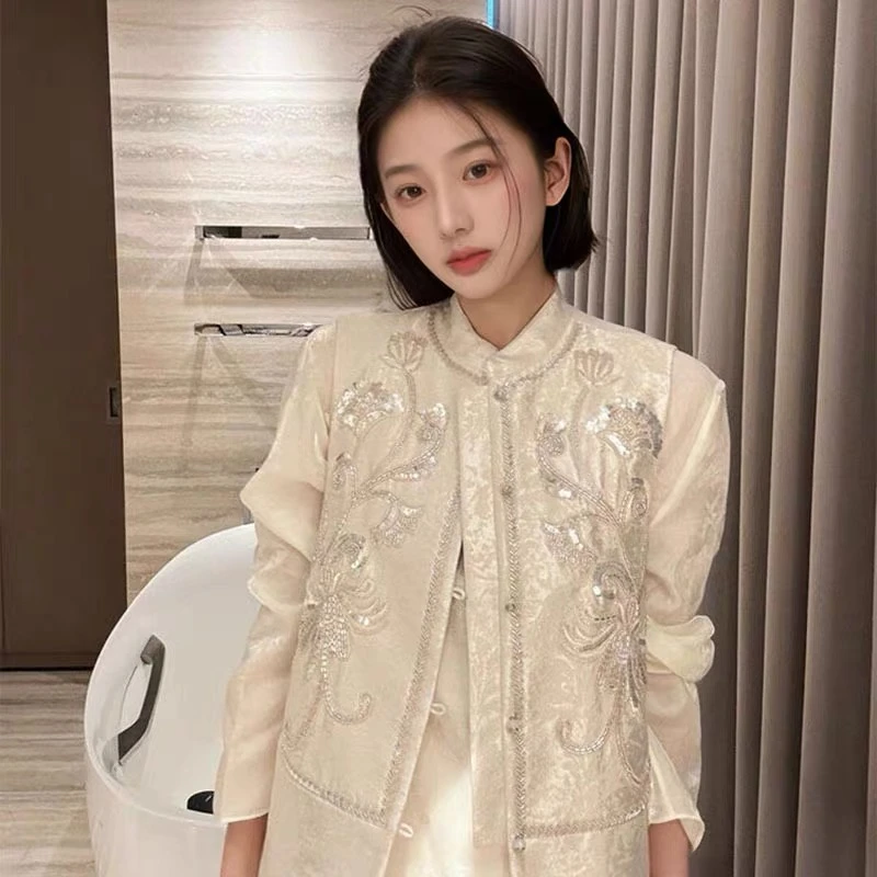 新中式重工钉珠提花马夹女2025春季新品时尚立领气质轻奢外穿坎肩