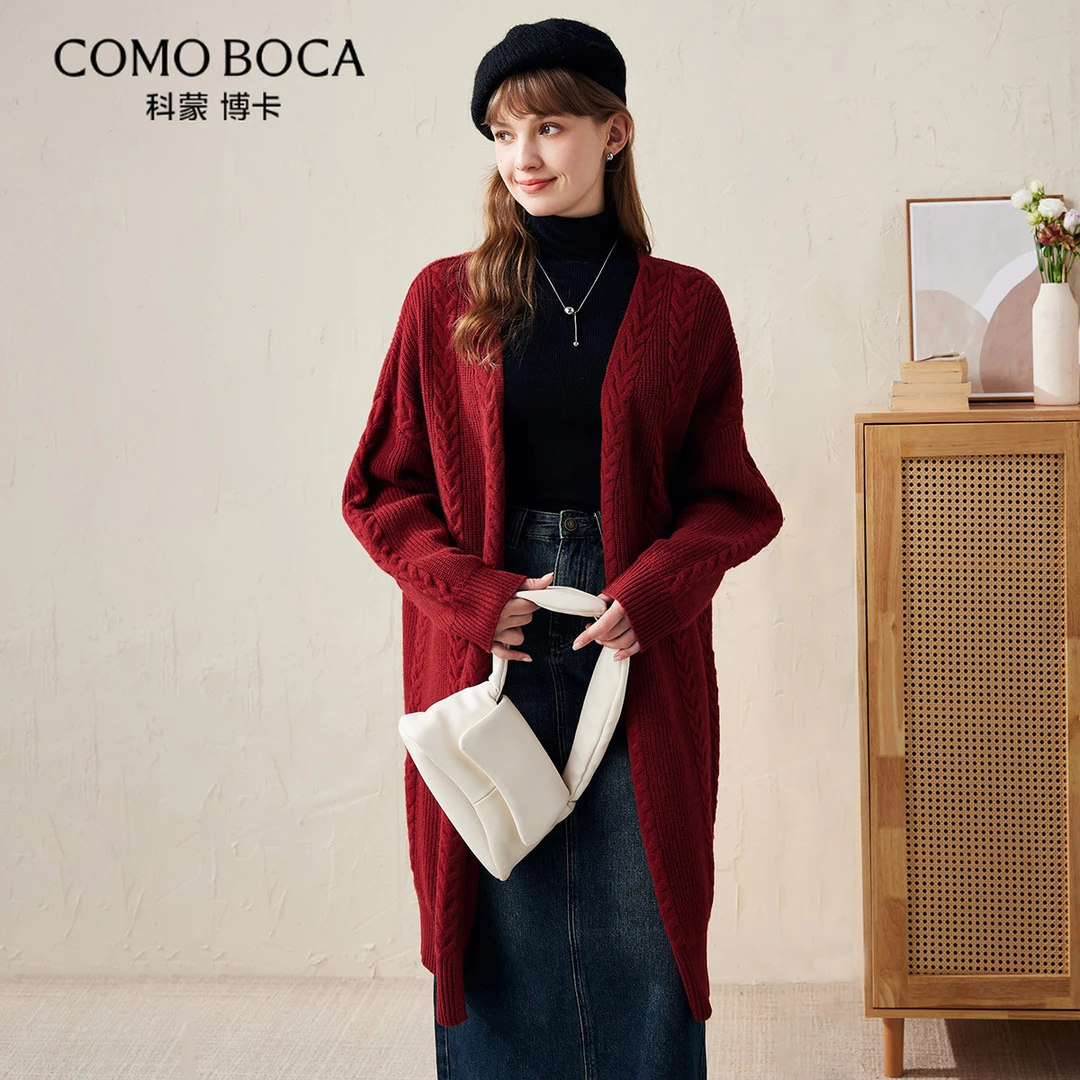 COMOBOCA/科蒙·博卡加厚绵羊毛绞花女开衫冬叠穿针织外套KSS1428