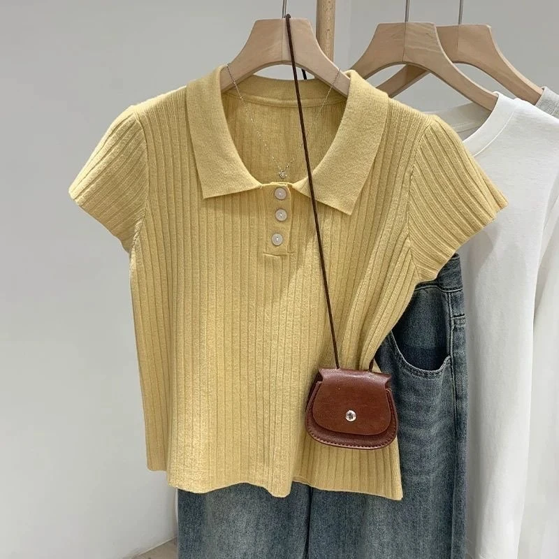 夏季冰丝薄款针织衫polo翻领上衣女胖mm宽松休闲显瘦正肩短袖t恤