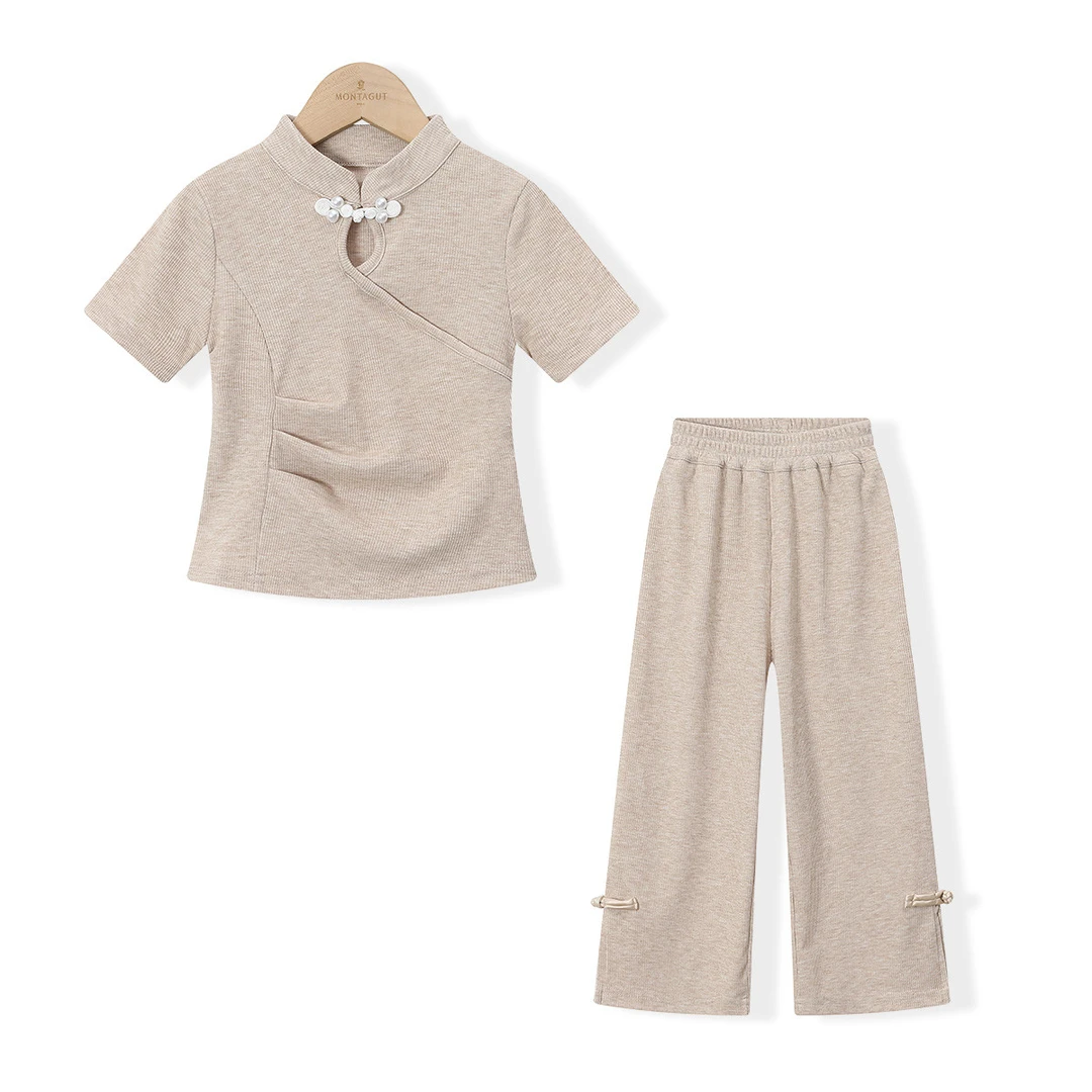 梦特娇新中式运动套装女童2025春夏薄款复古盘扣阔腿裤两件套A10