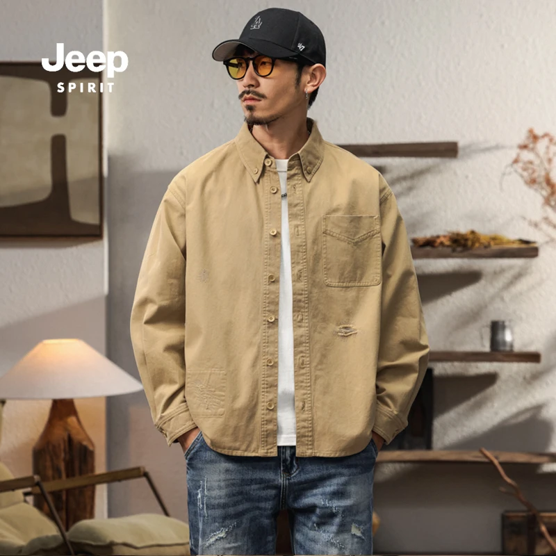 吉普纯棉男士长袖衬衫2025秋季新款宽松重磅翻领休闲百搭长袖衬衣