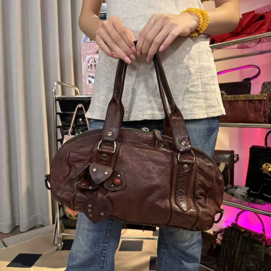 95新 MIU MIU/缪缪 辣辣/棕色复古油蜡手提单肩包