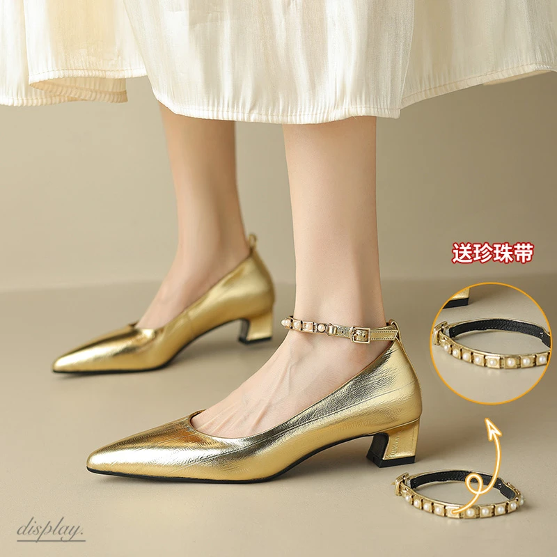 李大龙~羊皮3.5公分/百搭尖头夏季玛丽珍鞋法式粗跟通勤低跟单鞋