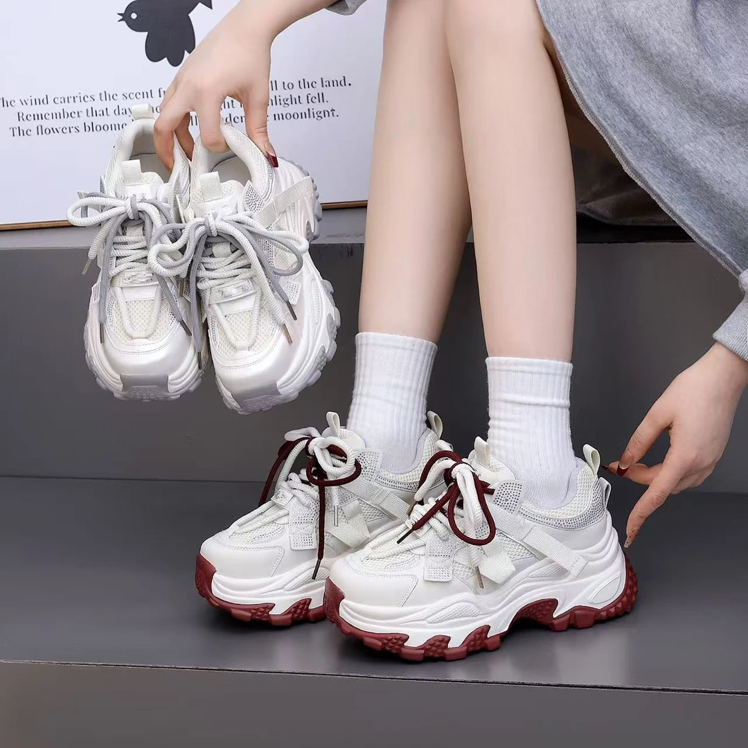 网面透气老爹鞋女2025春季新款厚底增高小白鞋时尚百搭运动休闲鞋