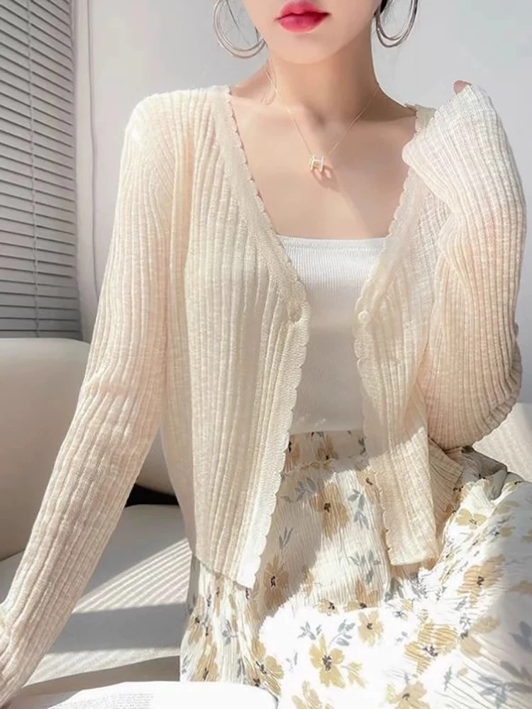 薄款针织冰丝防晒开衫女夏季配吊带裙子慵懒空调衫奶杏色披肩外套