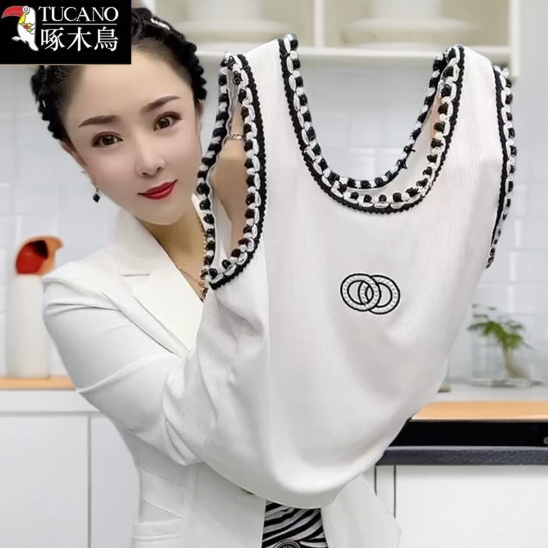 啄木鸟夏季运动背心吊带修身显瘦2025年新款中年女装圆领拼接上衣