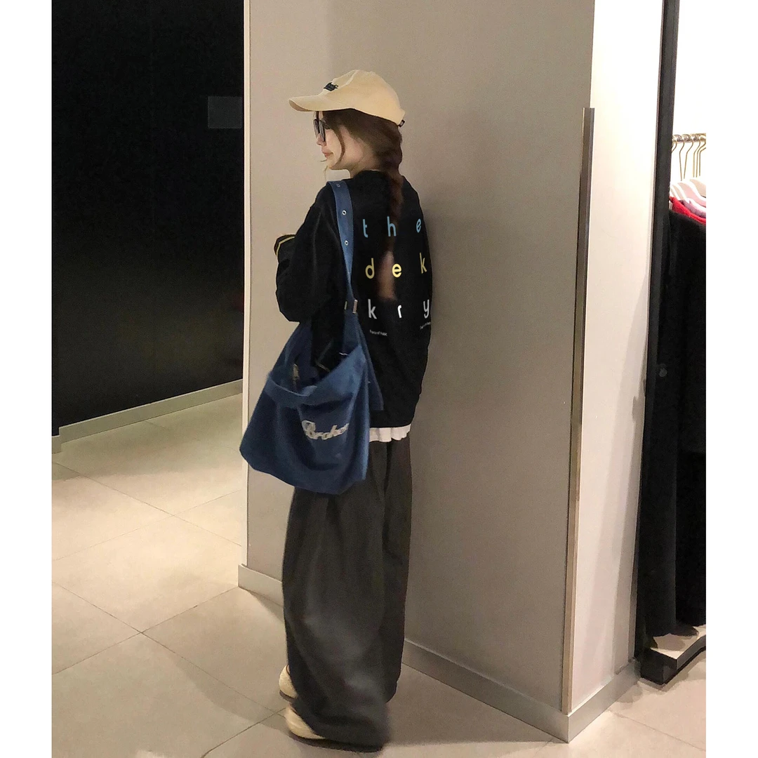 国潮美式复古趣味字母t恤男女秋冬季情侣彩色不规则三针五线长袖