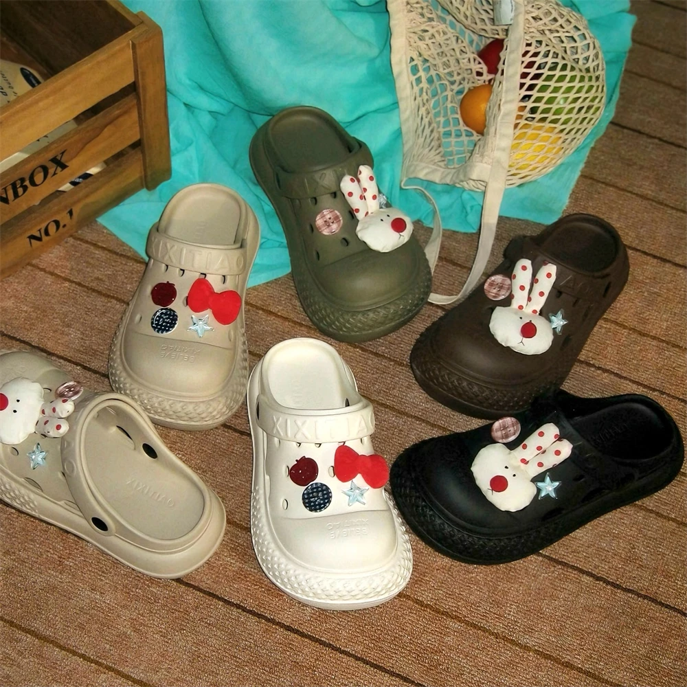 细细条 夏季沙滩女包头可爱网红凉拖纽扣小兔韩系舒适厚底洞洞鞋