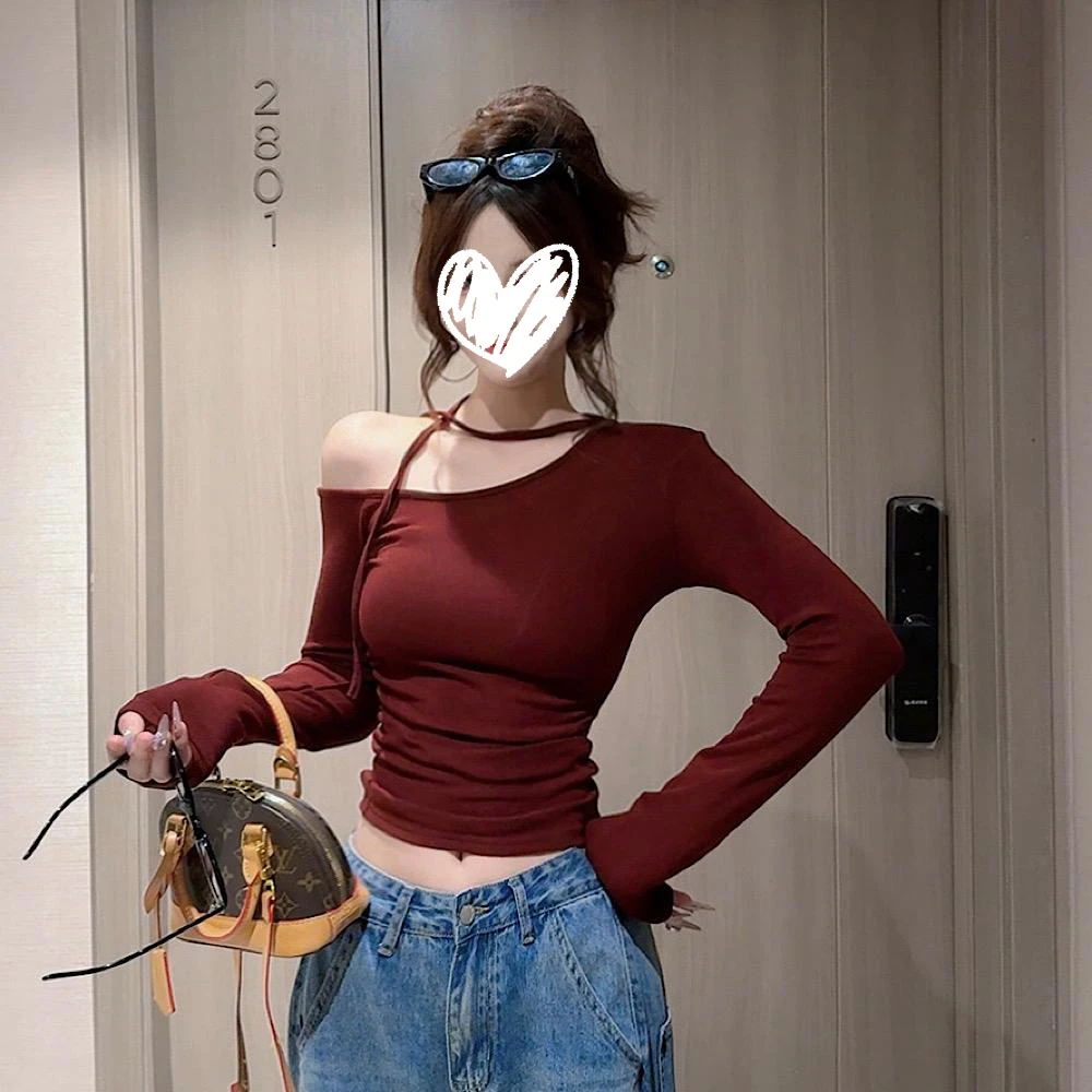 2025早秋新款韩版纯欲风红色内搭打底衫设计感修身显瘦长袖T恤女