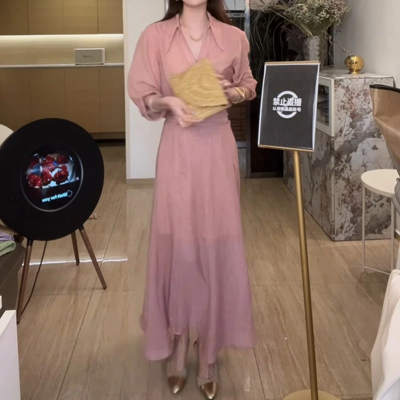 25法式复古V领宽松气质高级长袖防晒衬衫+长裙两件套女LK2503445