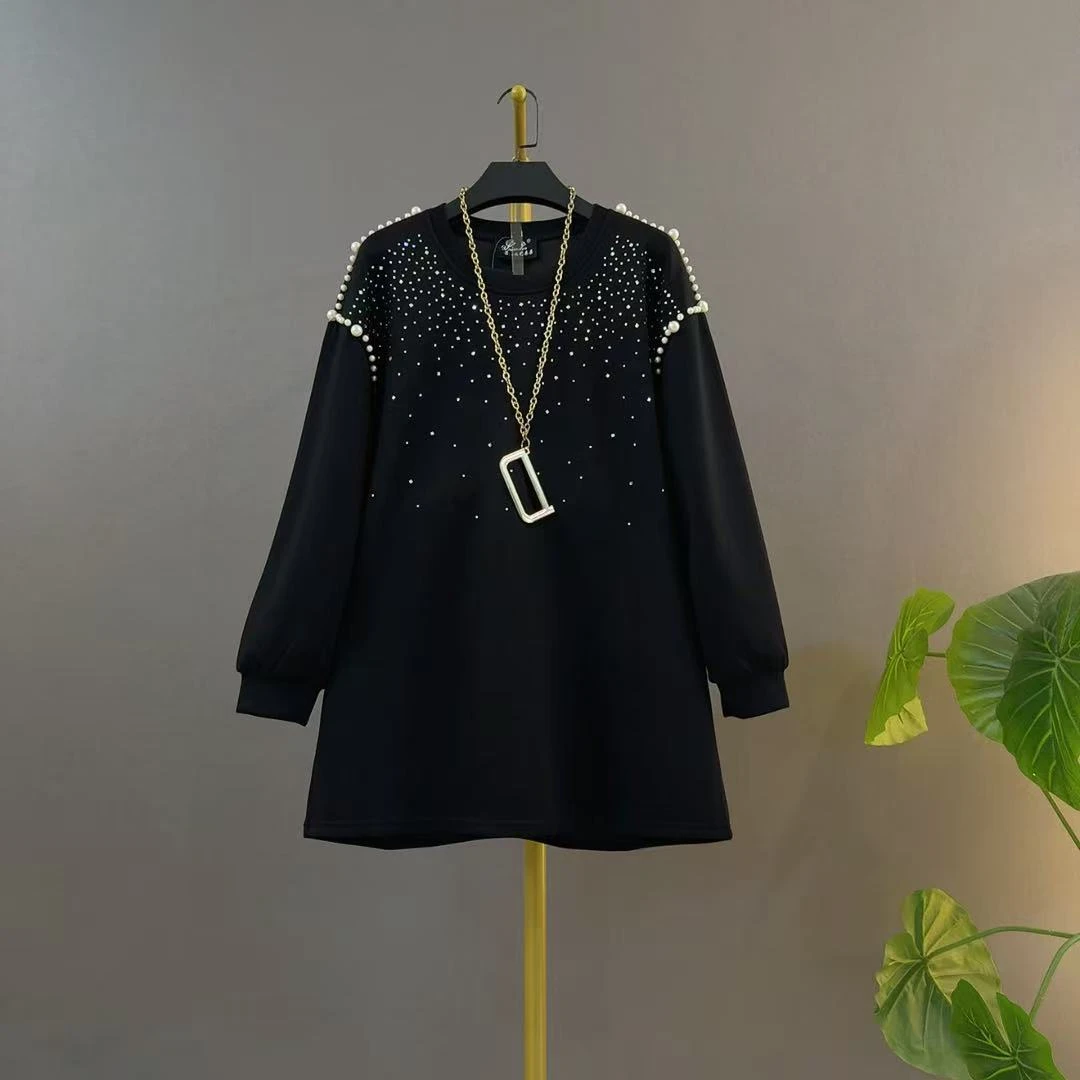 欧货时尚重工钉珠亮钻中长款圆领长袖宽松遮肉显瘦百搭大码上衣