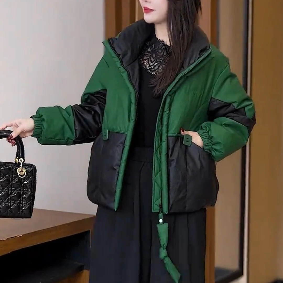 时尚宽松撞色拼接休闲气质立领防风保暖加棉宽松显瘦棉衣2025秋冬