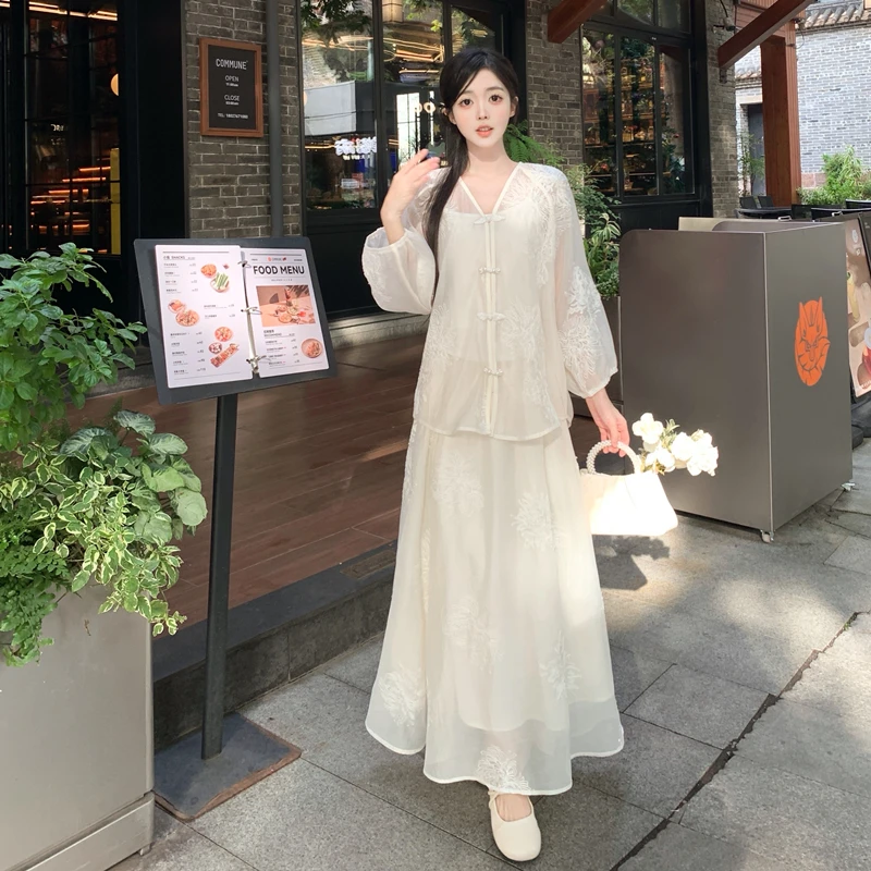 新中式国风禅意套装裙子女春夏大码胖mm刺绣盘扣上衣半身裙两件套
