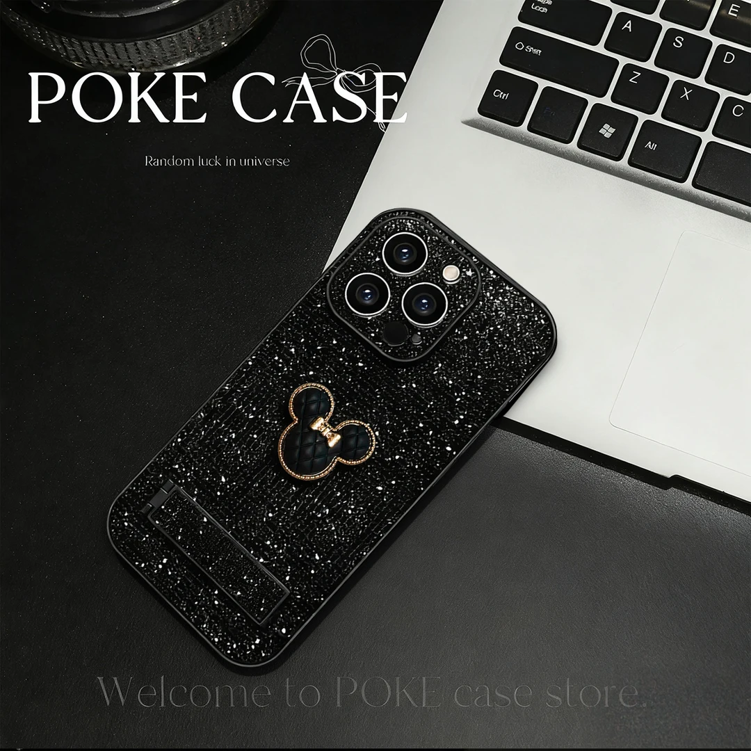 精孔玻璃黑色闪光米奇贴件适用苹果oppo华为vivo小米支架手机壳