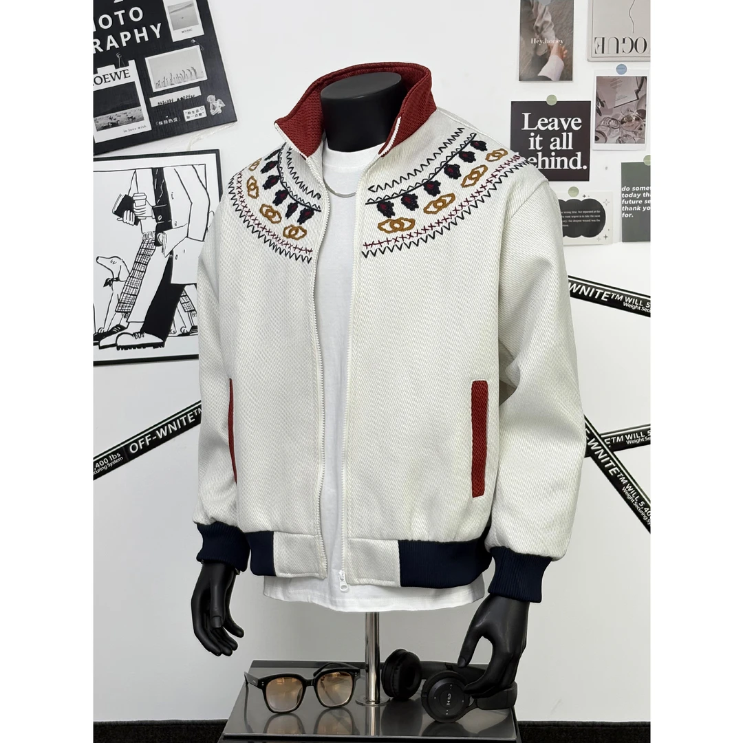 春秋季美式潮牌撞色立领刺绣民族风夹克男ins潮流宽松情侣外套