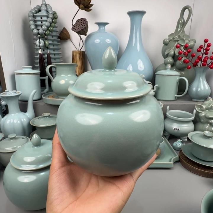摆件汝瓷茶叶罐支钉烧仿古釉微瑕