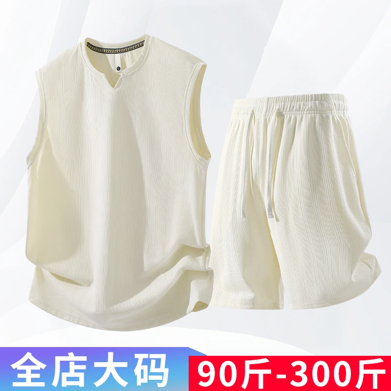 休闲时尚背心套装男款轻薄无袖坎肩搭配一套凉爽透气胖子大码男装