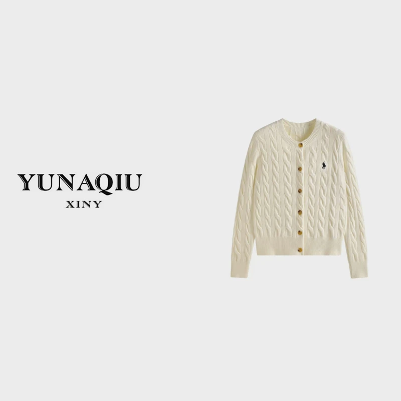 YUNAQIU 时尚拼接条纹圆领长袖百搭单排扣羊毛针织开衫-8505