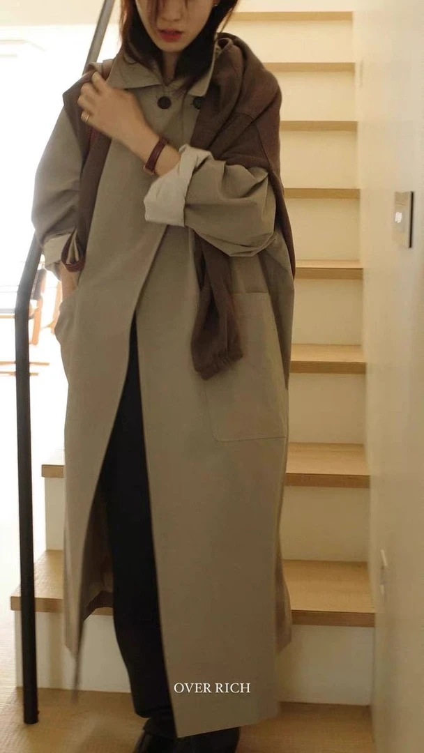 韩国东大门女2025春季气质翻领宽松长款风衣外套