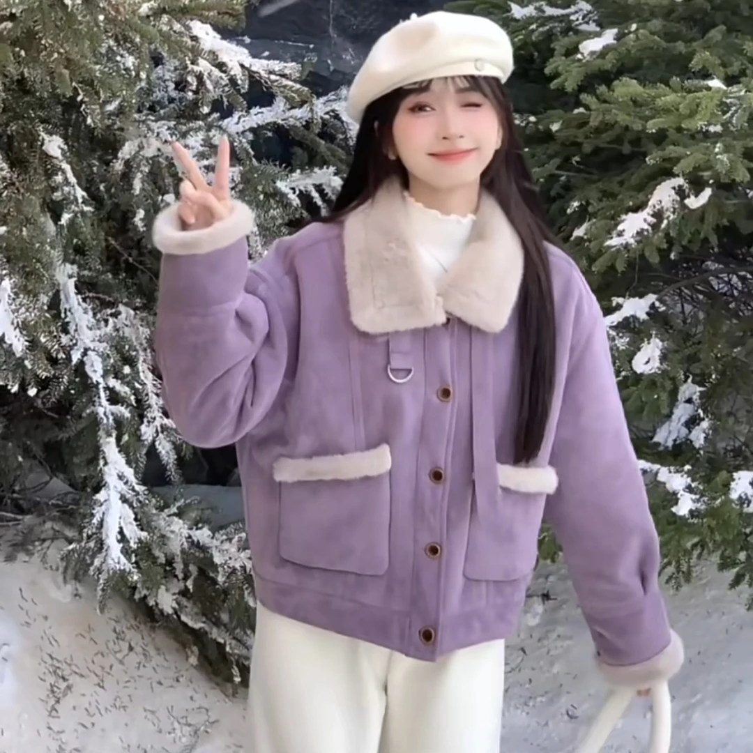 法式美拉德复古韩系设计感加绒加厚短款皮毛一体冬季毛呢外套