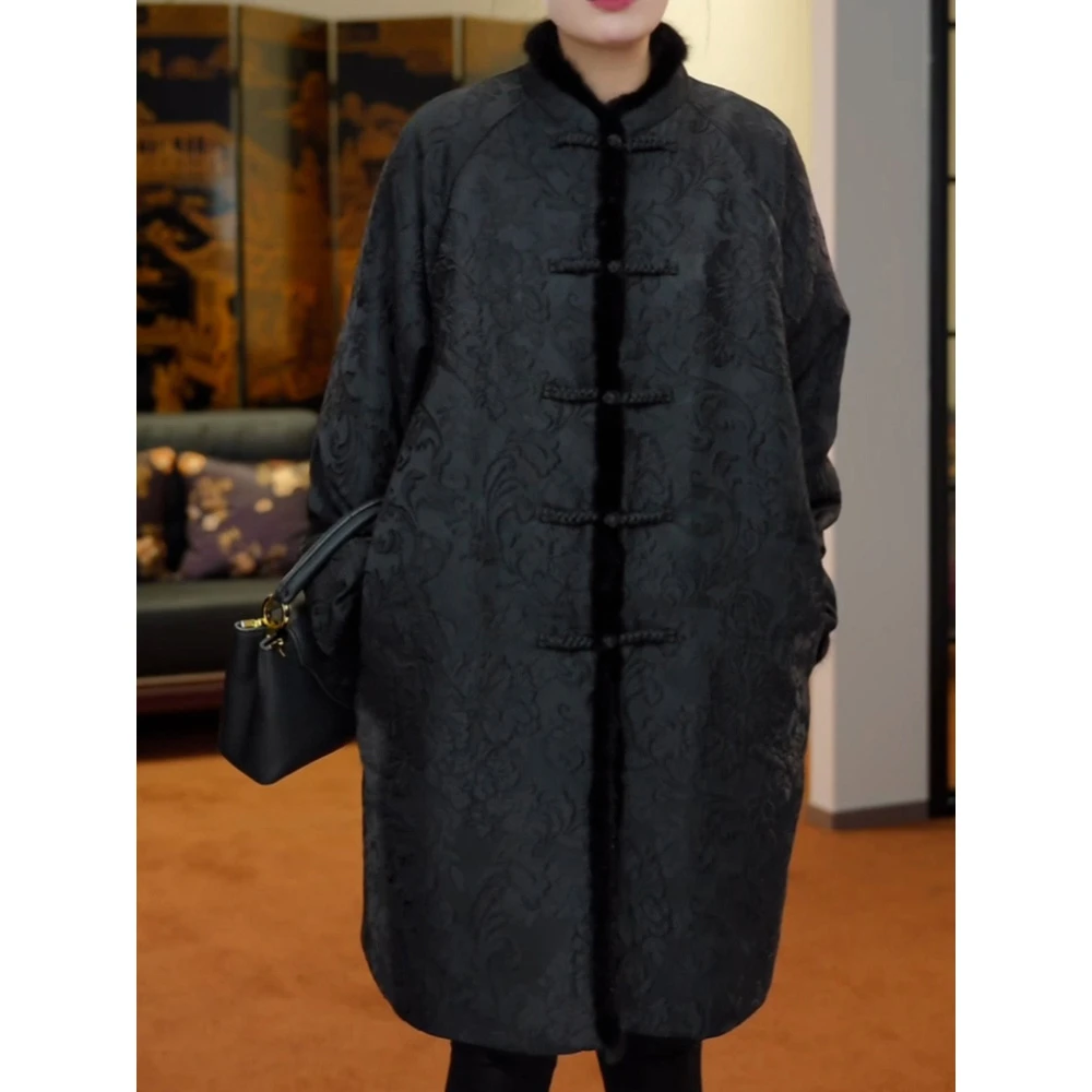 中式盘扣提花复古棉服外套女2025冬季新款时尚洋气保暖中长款棉衣