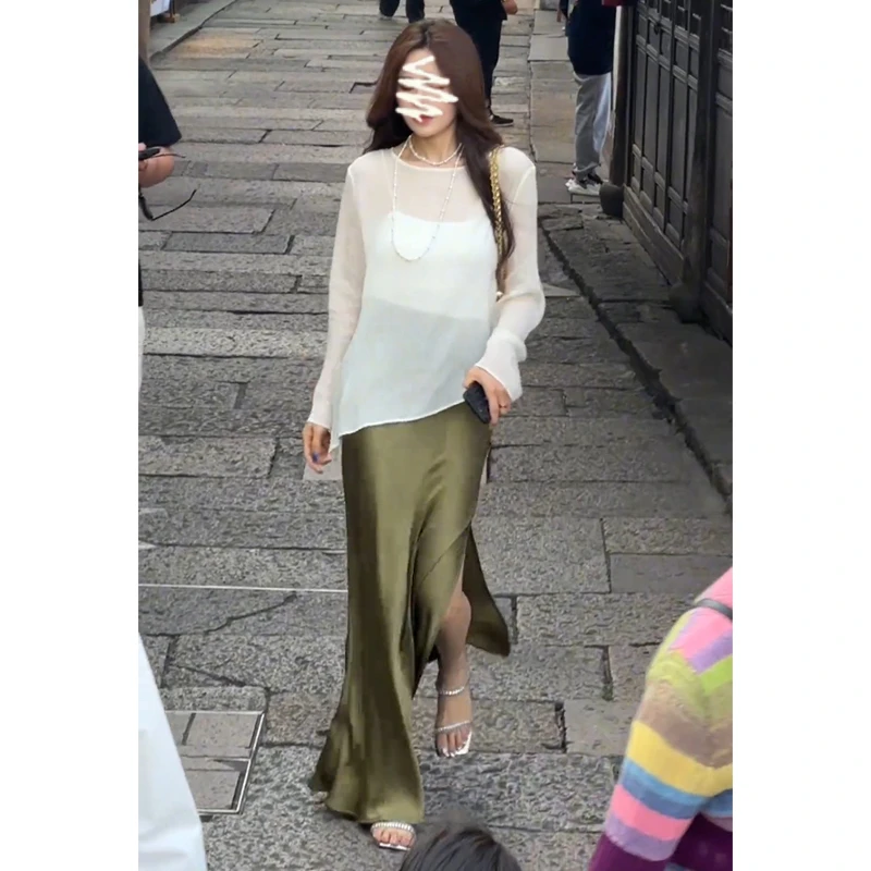 高级感气质名媛垂坠感醋酸裙子半身裙夏季薄款网纱防晒上衣长袖女