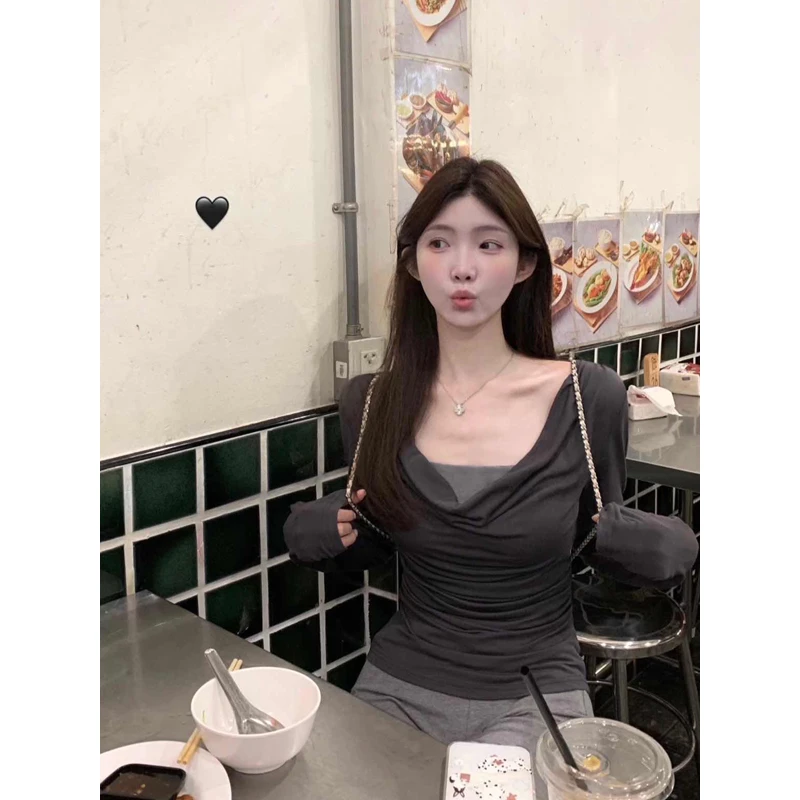 白水女【春季清仓款】荡领长袖T恤女显瘦温柔风纯色上衣 B50348431