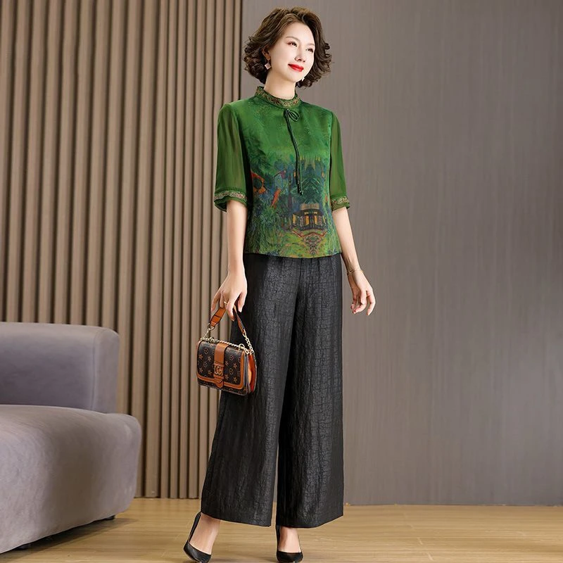 2025时尚百搭套装女新款显瘦绣花衬衫洋气妈妈装龟裂纹九分裤