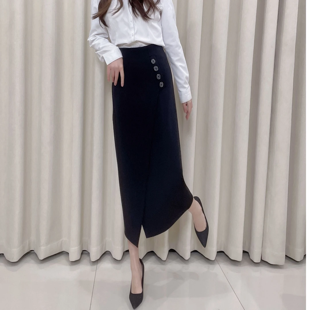 秋冬新款西服布料不规则半身裙长裙气质显瘦黑色优雅百搭高腰女