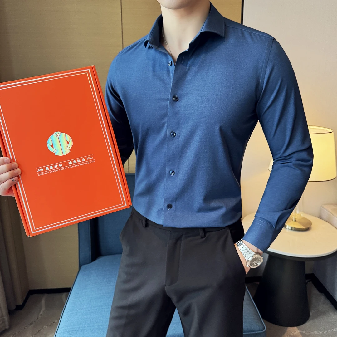 春秋商务休闲礼盒装莫代尔绵羊毛高奢长袖衬衣潮流温莎领修身衬衫