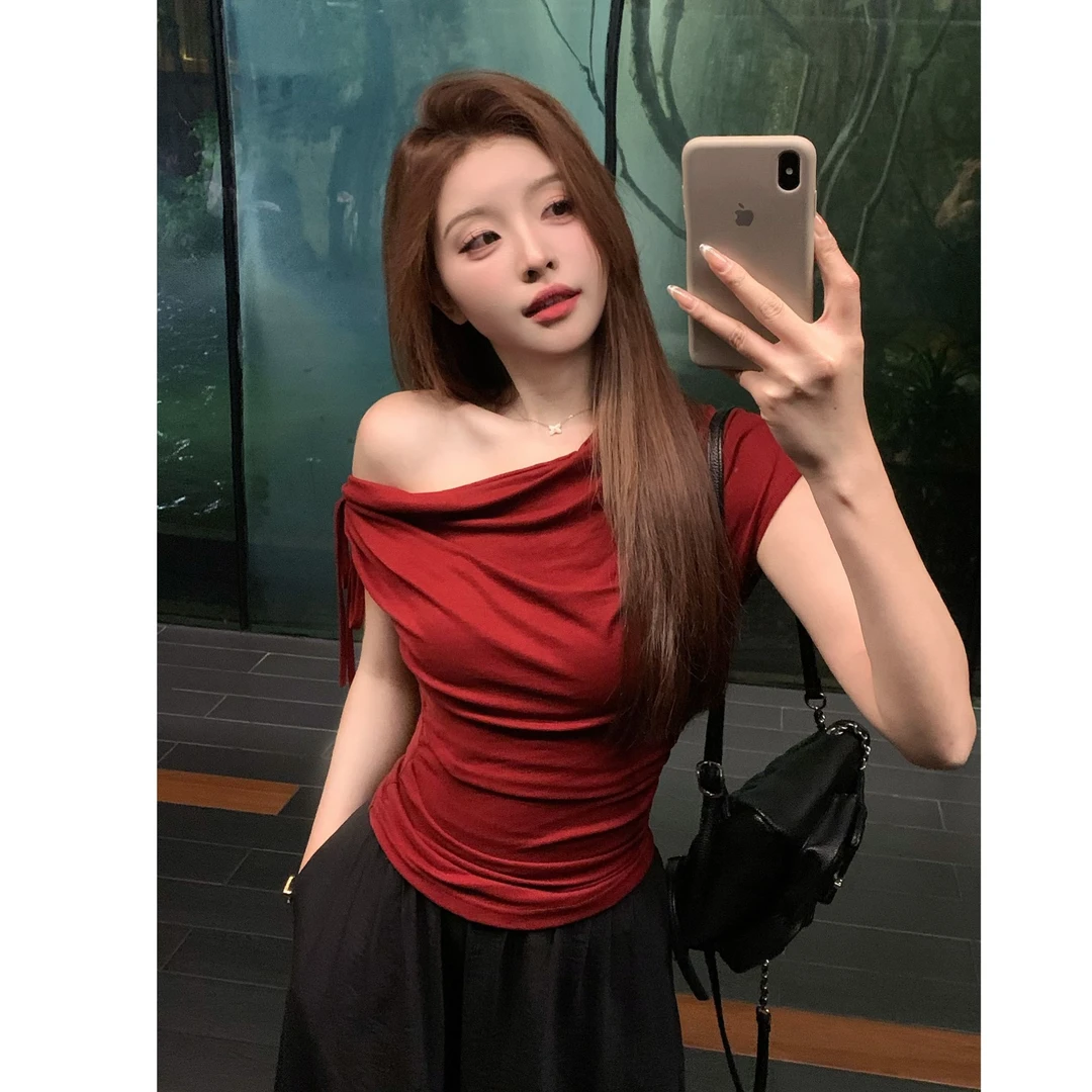 SZA【芭蕾仙子】夏季新款韩系设计感斜肩显瘦气质短袖T恤A-1859