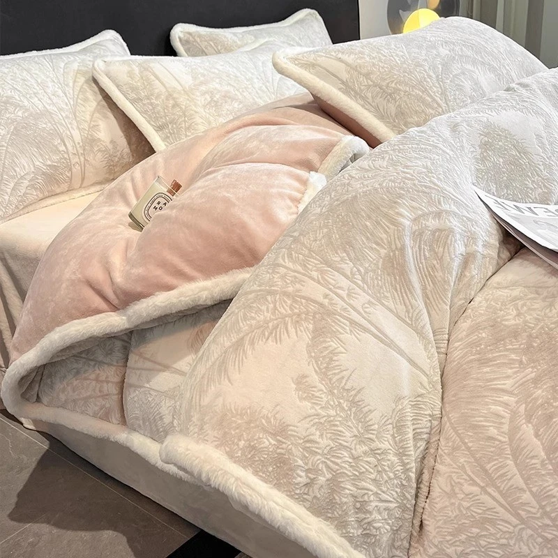 水星高端系列家纺冬季加厚牛奶绒四件套双面雕花珊瑚绒床品轻奢风
