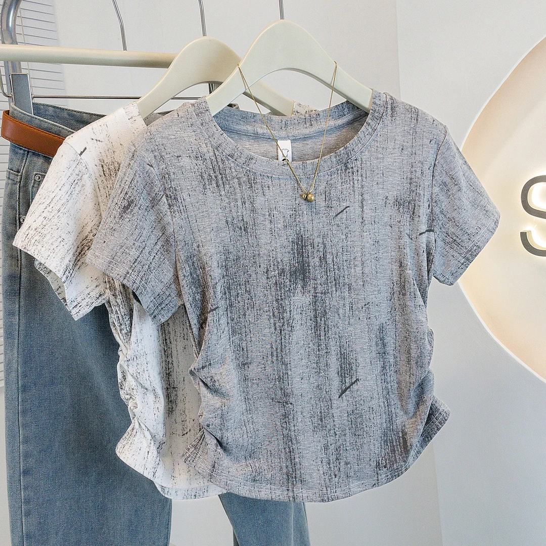 yoewshean/羽媗微胖mm褶皱修身大码女装扎染复古国风显瘦短袖t恤