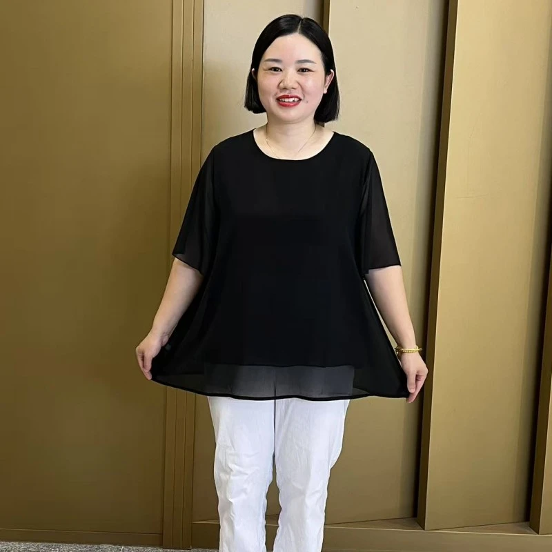 夏季新款加大加肥宽松遮肉显瘦时尚洋气纯色中袖雪纺衫