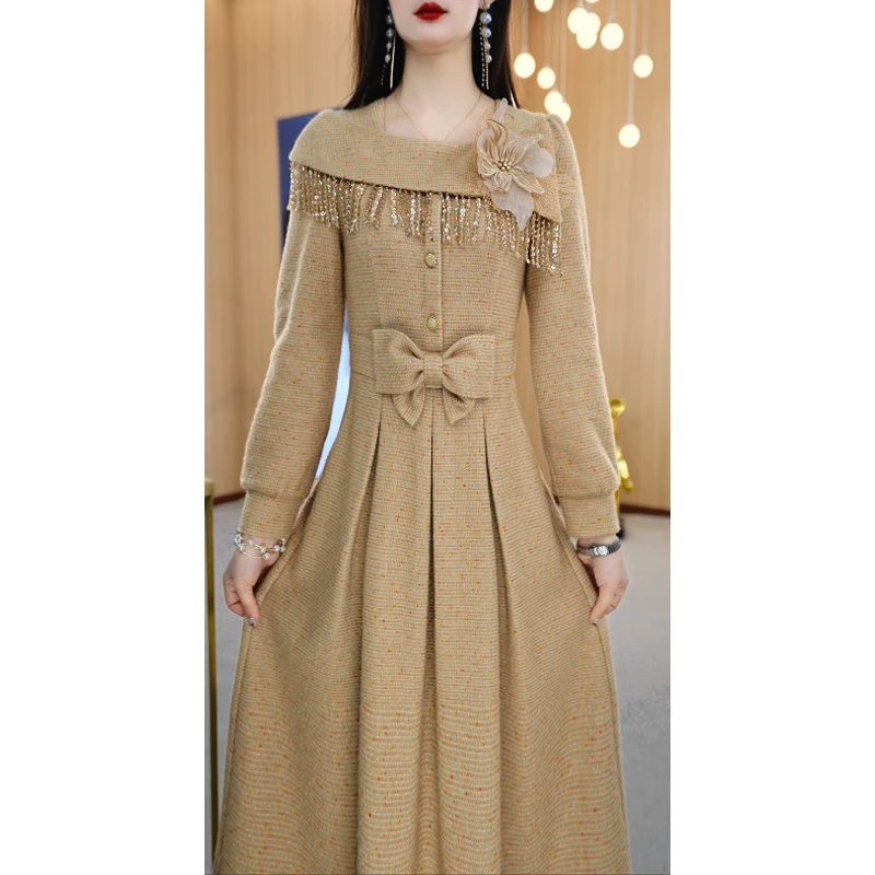 701 设计感气质显瘦时尚简约通勤中长款长袖连衣裙M-4XL